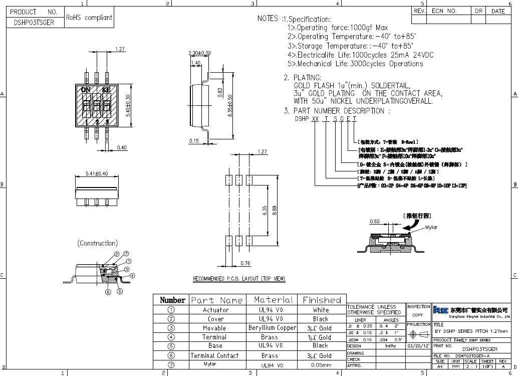 DSHP03TSGER 撥碼開關 1.27mm 圖紙 規格書 3位